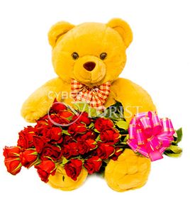 red roses with teddy bear